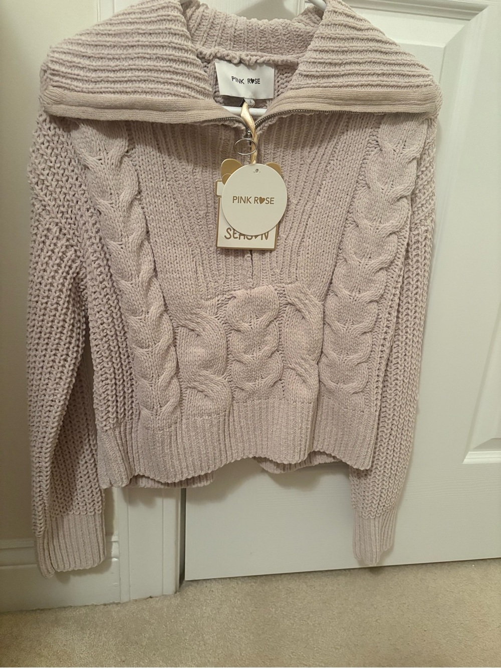 Pink Rose Cable Knit Half-Zip Turtleneck Sweater in Light Taupe